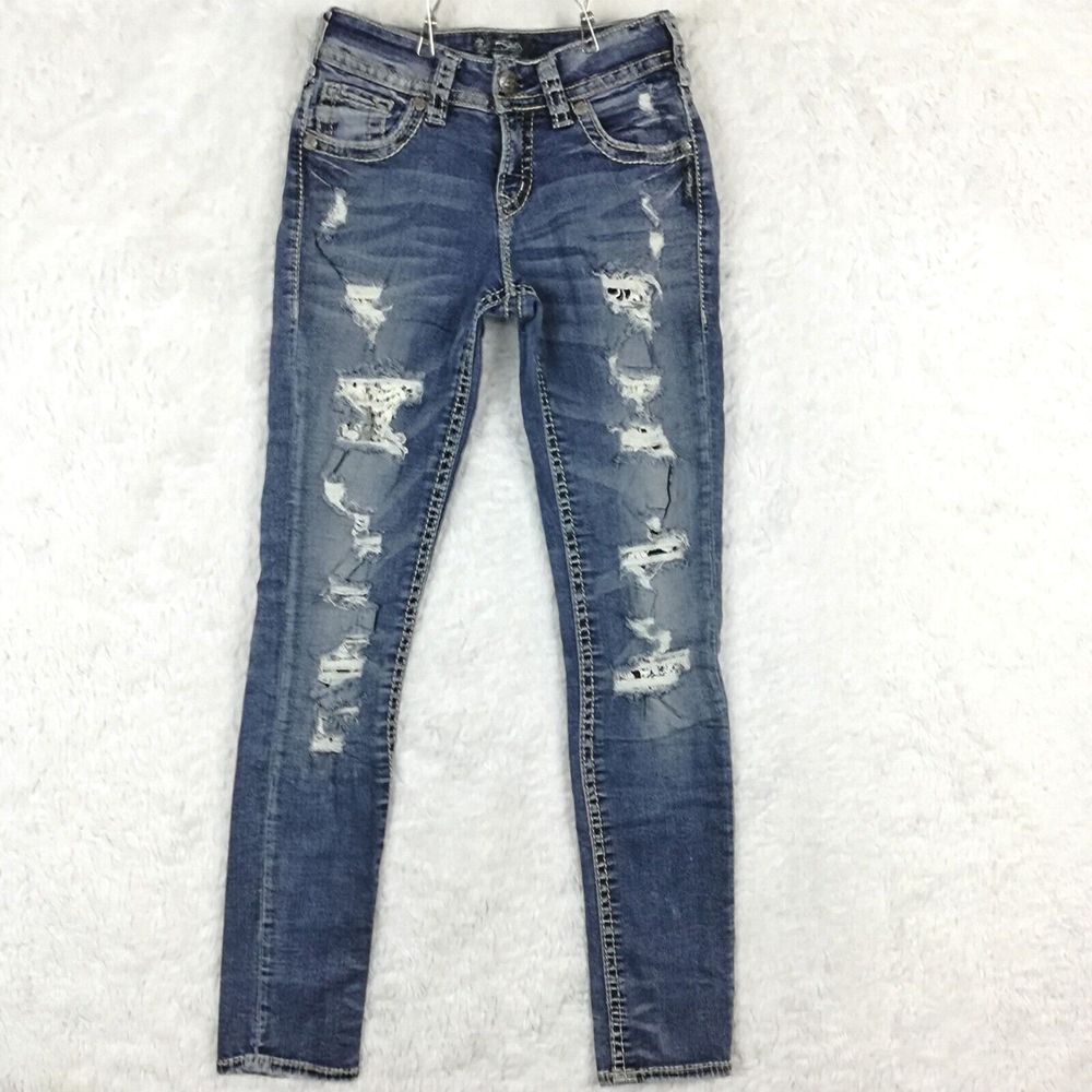 Silver Jeans Womens Suki‎ Mid Pencil Skinny Denim Blue Patched Crochet Lace 26